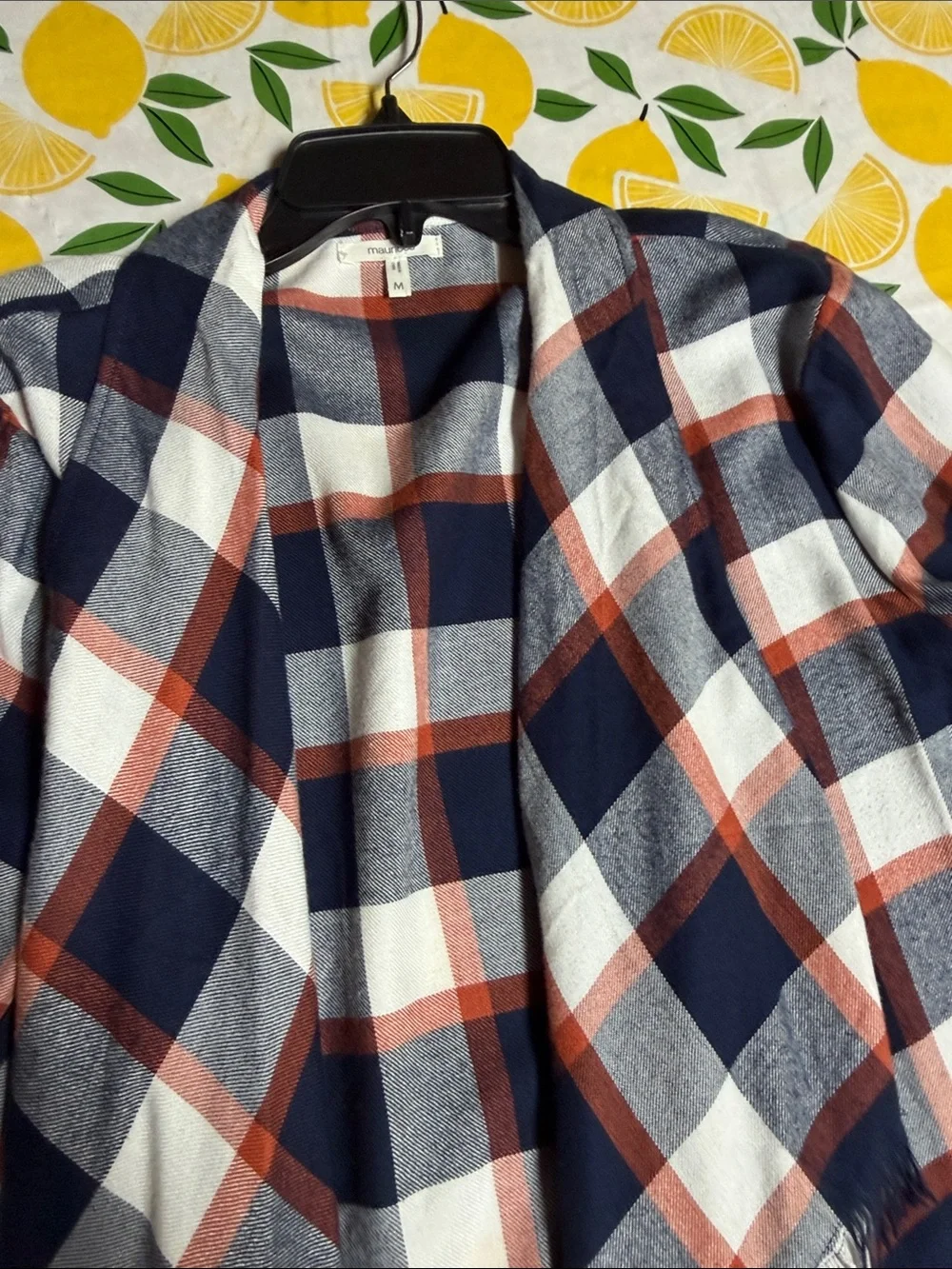 Maurices Navy White and Rust Plaid Fringe Open Poncho